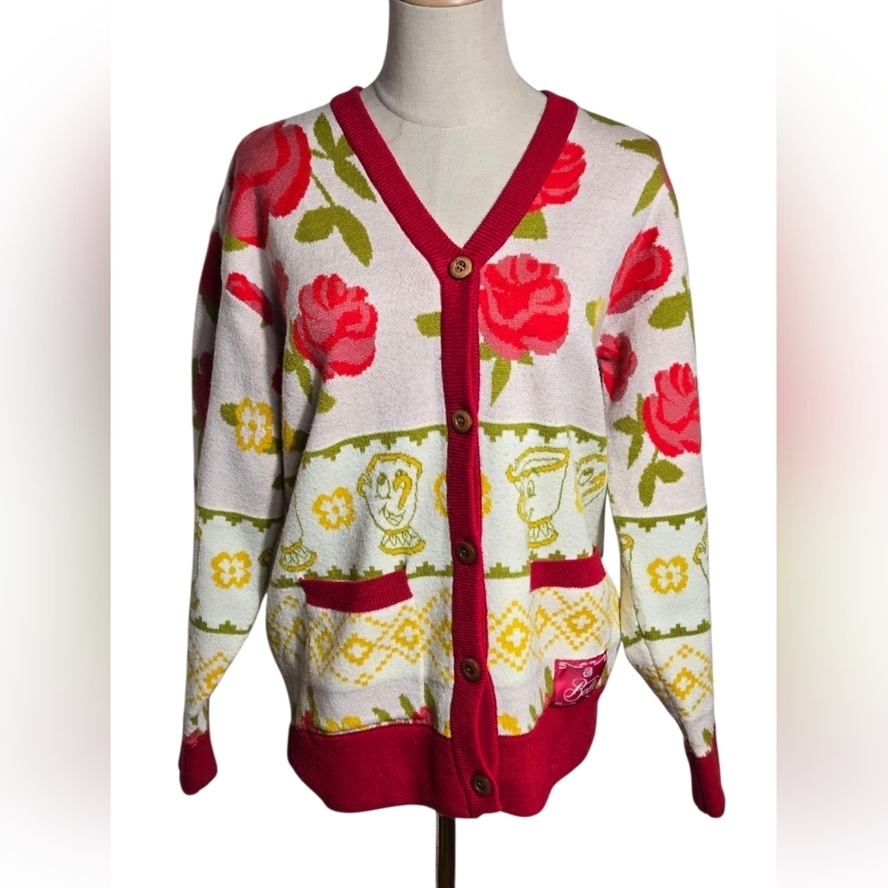 Disney Beauty And The Beast Red and Green Floral Cardigan